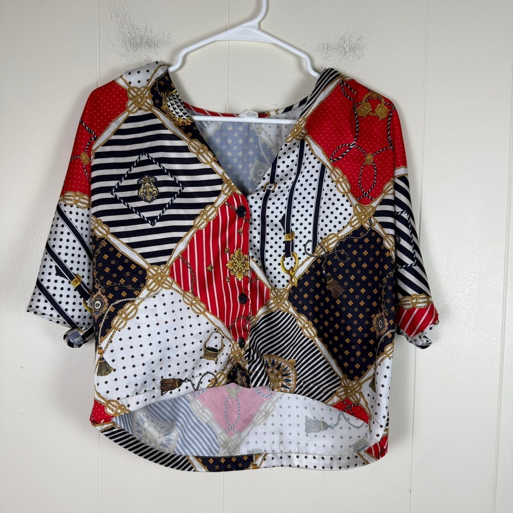 MNG Mango Patchwork Print Blouse Top S Button Up‎ Short Sleeve